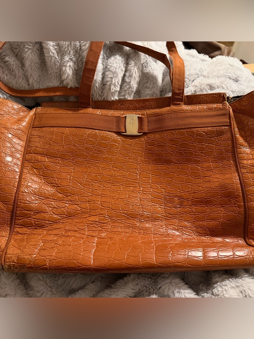 Salvatore Ferragamo Tan Croc-Embossed Leather Tote with Gold Tone Bow Accent